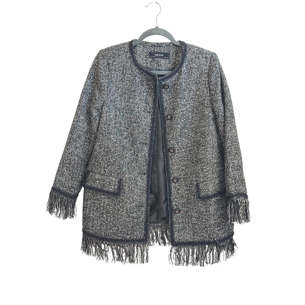Zara Basic Women Tweed Jacket Silver Black Metallic Fringe Blazer 8073/257 S